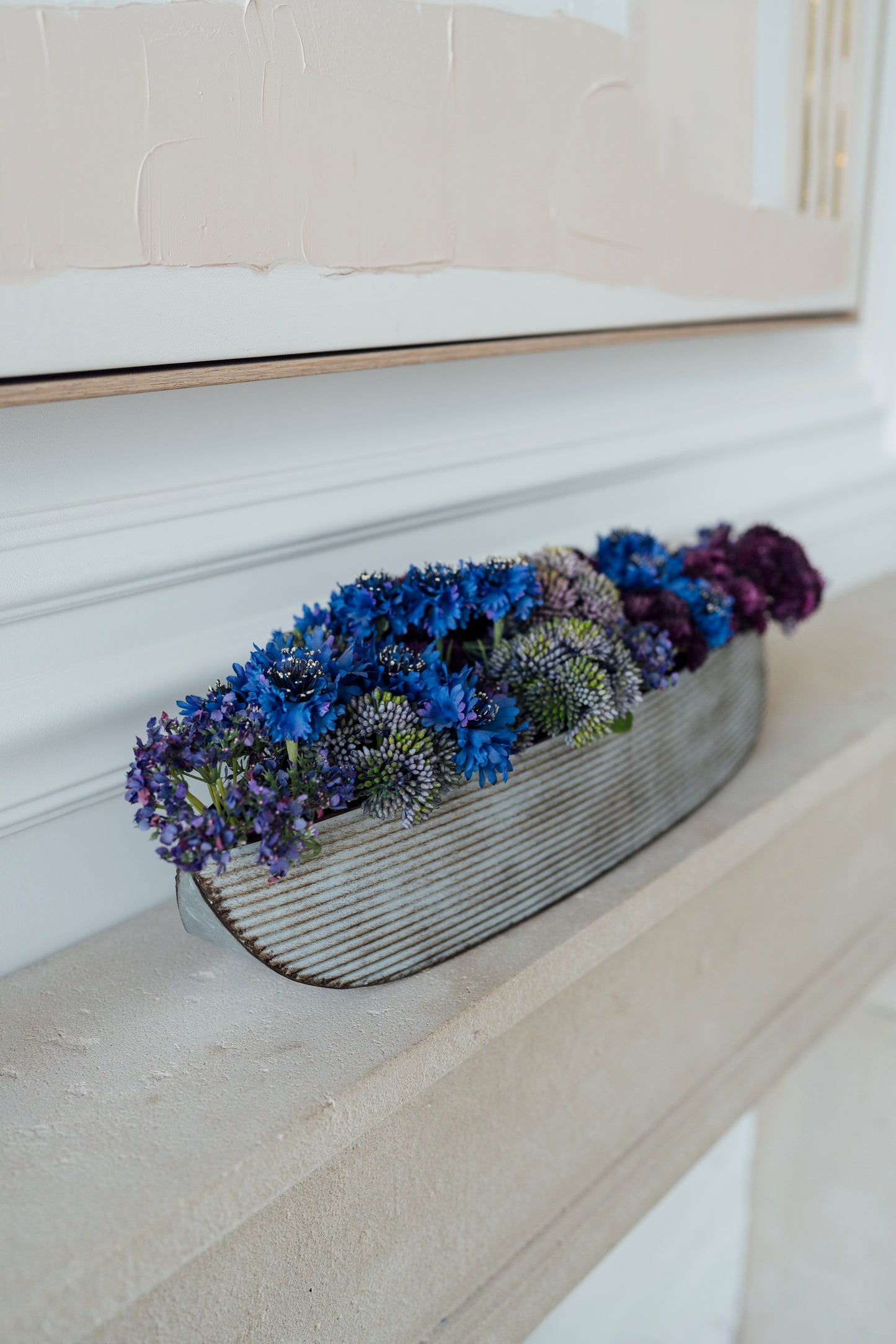 Sedum in Tin Container with Cornflower and Queen Lace